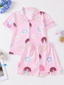Girl's Donut Print Shirt & Elastic Waist Shorts Pyjama Two-piece Set, Cute Comfy Short Sleeve Top & Shorts Pj Set, Kids Sleepwear for All Seasons, Girl Clothes, Pajamas Loungewear