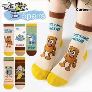 5 Pairs Kids Cartoon Socks with Sahur Stickman, Crocodilo, Barabaom Banana Monkey and Funny Shark Characters Meme Style Crew Socks for Boys and Girls Daily Wear