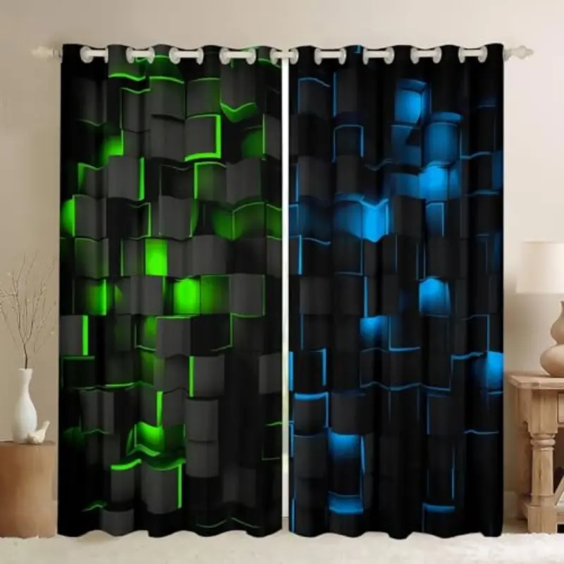 Lightweight Geometric Pattern Curtains, Modern Window Decor for Bedroom and Living Room, Polyester Half-Transparent Rod Pocket Drapes