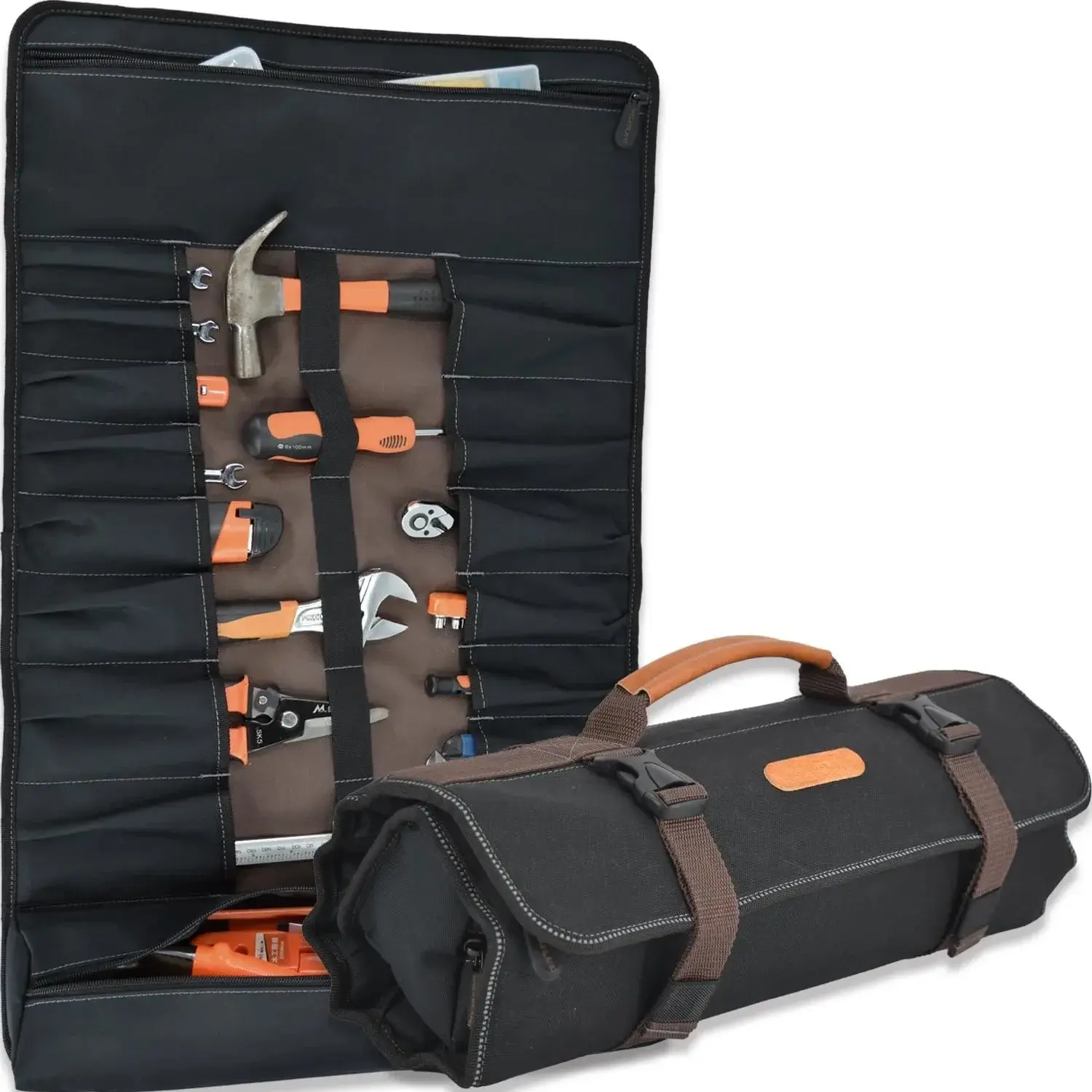 18-Pockets Waxed Canvas Tool Roll, Heavy-Duty tool bag roll, Waterproof tool roll up bag, 17" Canvas tool roll, Screwdriver roll up bag