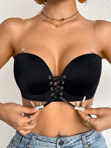 Women’s Sexy Strapless Push Up Bra, Lace-Up Front Deep V Invisible Bra Detachable shoulder strap, Strong Lift & Cleavage for Date Night, Party & Special Occasions