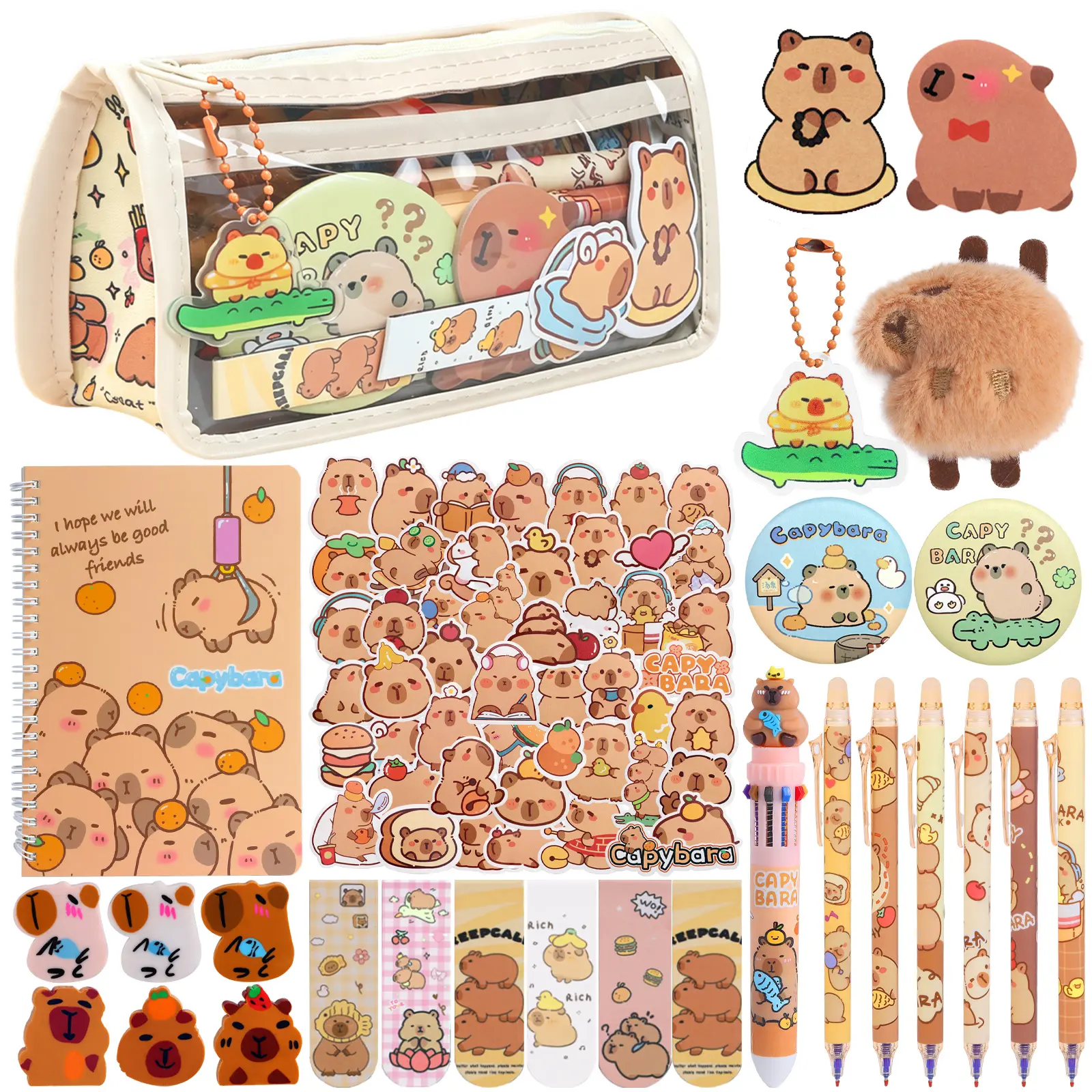 28-Piece Cute Capybara Hamster Stationery Set with Multi-Layer Pencil Case, Stickers, Keychain, Brooches - Drawing Tools, Classroom Supplies, Ideal Christmas Gift for Home Use