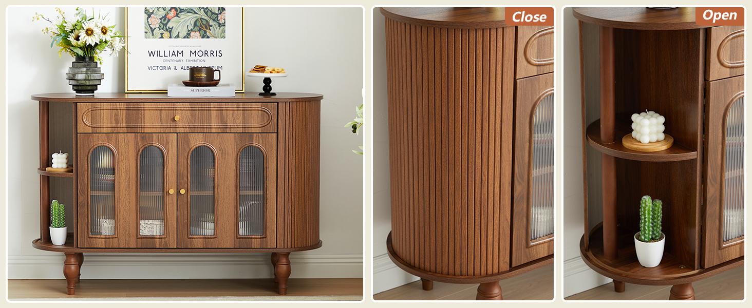 Giratree 47'' Fluted Sideboard Buffer Cabinet with Drawer, Modern Credenza Storage Cabinet, Bar Cabinet Console Table with Tambour Sliding Side for Living Dining Room Kitchen Hallway Entryway