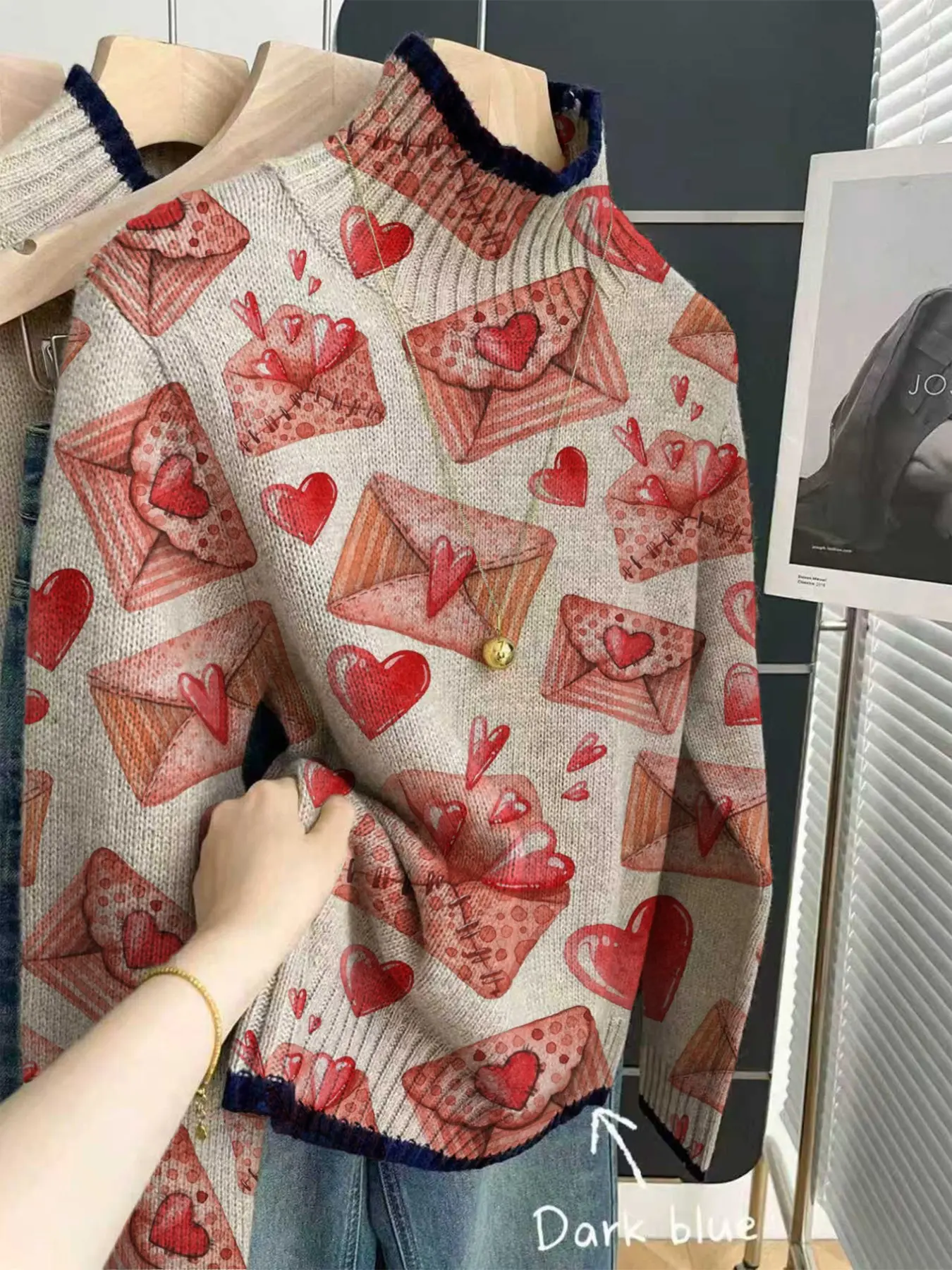 Women's High-Neck Gradient Color Block Heart Print Knit Sweater, Casual Elegant Commuter Style, Perfect for Spring Fall Winter