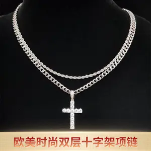 Double-layered cross necklace, Cuban chain, hip-hop style collarbone necklace, long layered accessory