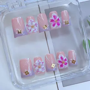 3D Flowers Collection Fake Nails, Handmade 3D Flower & Hand Drawn Flower Design And Sparkling Rhinestone & Golden Bow And Golden Cross Decor Duck Nails, 10pcs/set Glossy Handmade Press On Nails, For Women & Girls DlY Nail Art, Nail Supplies, Short Nails