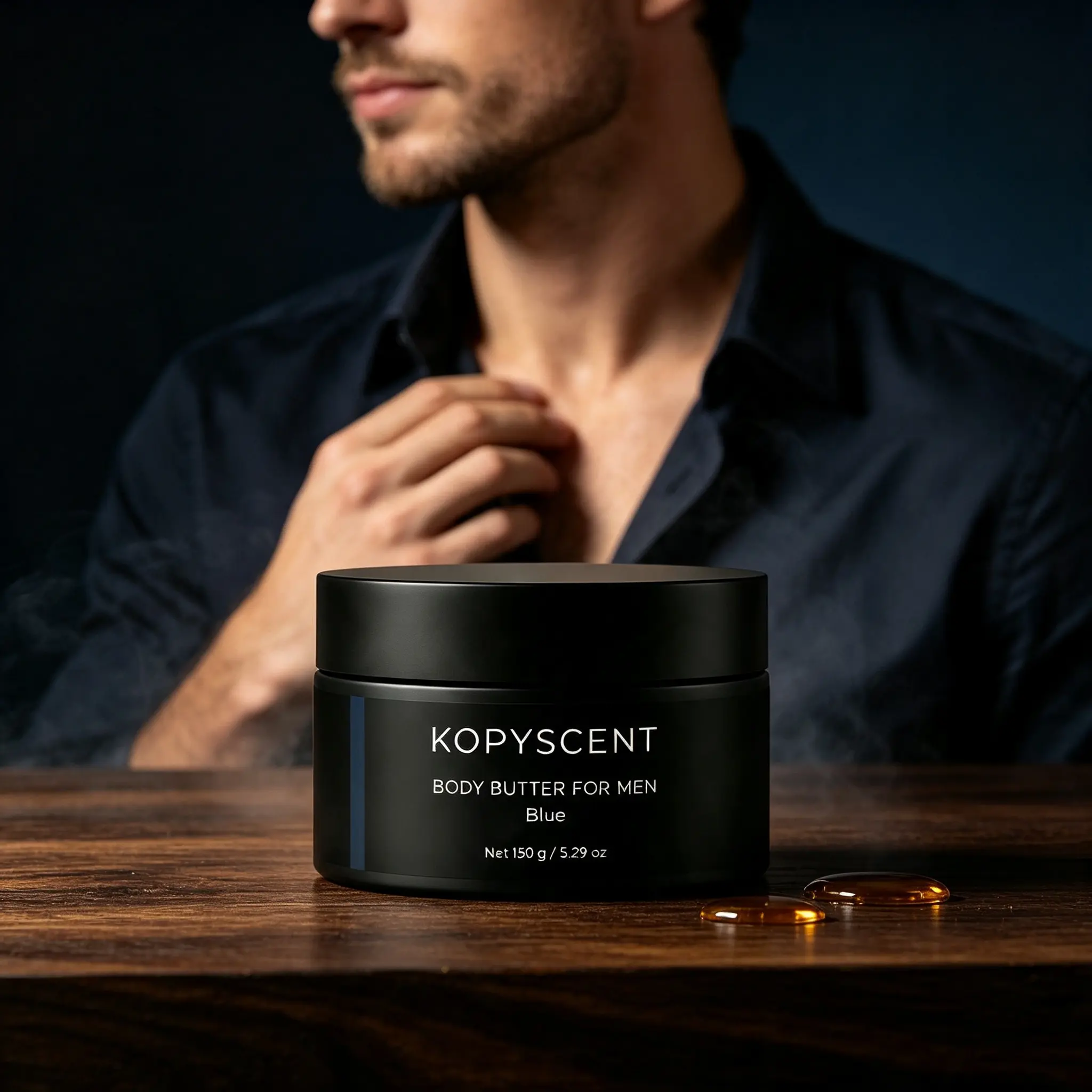 Kopyscent Blue Body Butter for Men – Non-Sticky Fast-Absorbing Formula, 150g Rich Buttery Texture, Soothes Dry Flaky Skin, Restores Supple Feel, Perfect for Face Hands Feet, Light Aquatic Scent, Travel-Safe Jar