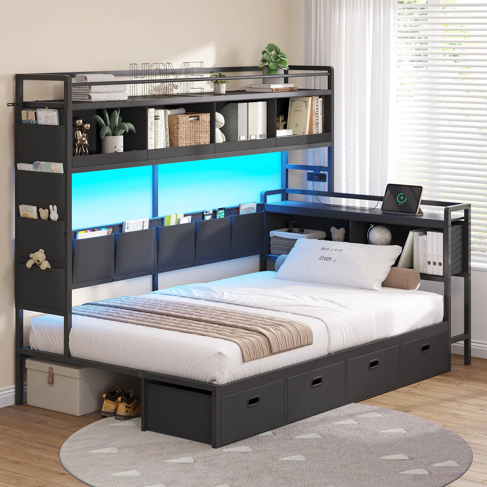 Hasuit Twin Corner Bed Frame - L-Shaped Twin Size Platform Bed with 4 Drawers, 10 Storage Pockets, Bookcase Shelf, Coat Rack, Built-in Charging Station, LED Lights for Teens, Twin Bed Frame,sohochic