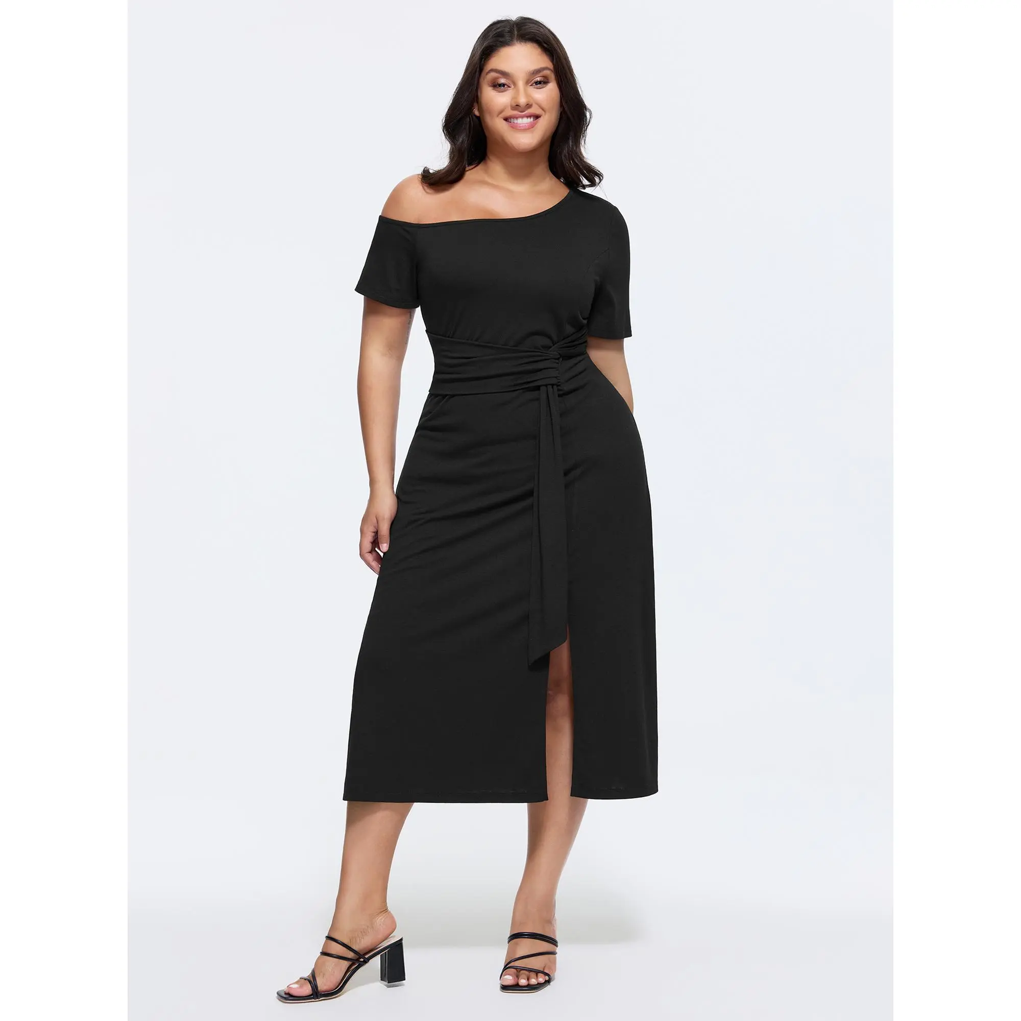 BLOOMCHIC Plus Size Supersoft One-Shoulder Waist-Defining Midi Dress [M-6X]2026 Summer Vibes Swimweek, Casual Fit,Summerfinds