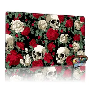 Gothic Black White Red Roses & Skulls MTG Playmat 12x24inch Non-Slip TCG Card Game Mat Mouse Pad, Ideal for Family Gatherings & Party Use, Perfect Gift for Card Game Enthusiasts