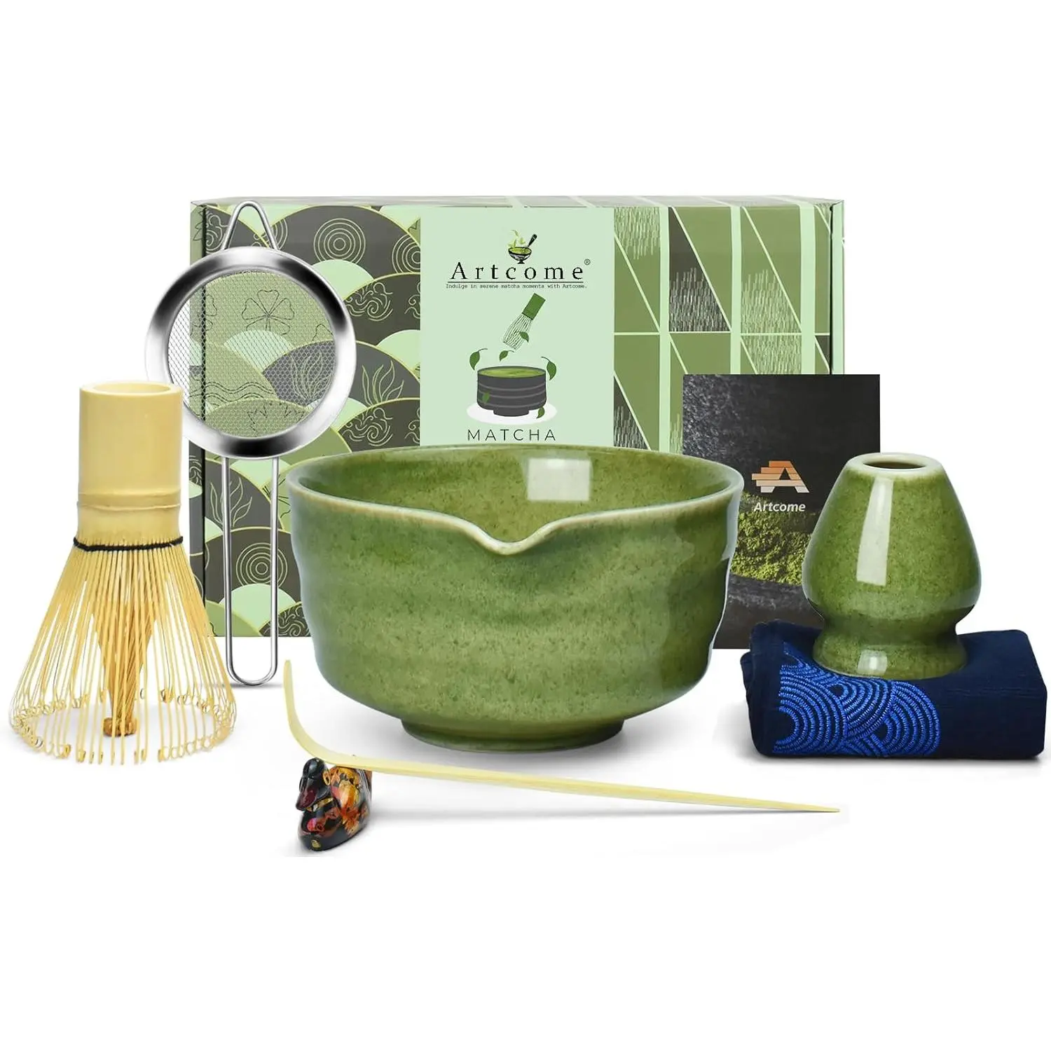 Matcha Tea Set - Complete Japanese Kit with Bowl, Whisk, Scoop, Strainer & Guide, Mottled Green