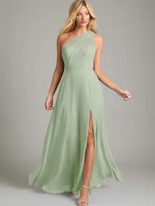 Azazie Phaedra One Shoulder Illusion Pleated Slit With Pockets Wedding Guest Chiffon Dress