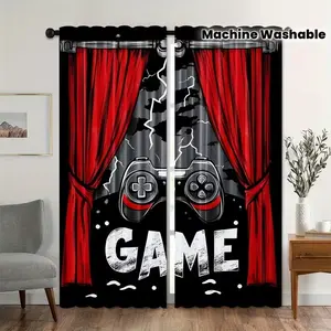2 Piece Game Controller Design Door Curtain, Window Curtain, Rod Pocket Curtains, Game Text Background, Living Room Bedroom Office Decor