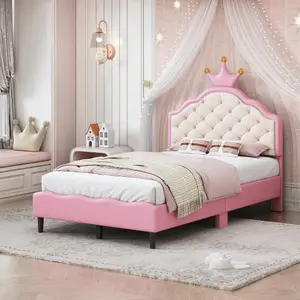 【Bellemave】Twin /Full Size Lovely Crown Fantasy PU Leather Princess Bed with Tufted Headboard, Pink+Cream