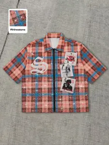 Men's Gothic Print Sequin Decorated Plaid Casual Button Shirt, Loose-Fitting Woven Fabric for All Seasons, Stylish Streetwear for Everyday Use