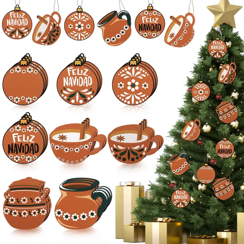 Mexican Christmas Tree Ornaments Bulk, Barro Style Wooden Tags, Concha Hanging Ornaments for Navidad Xmas Tree Holiday Decorations