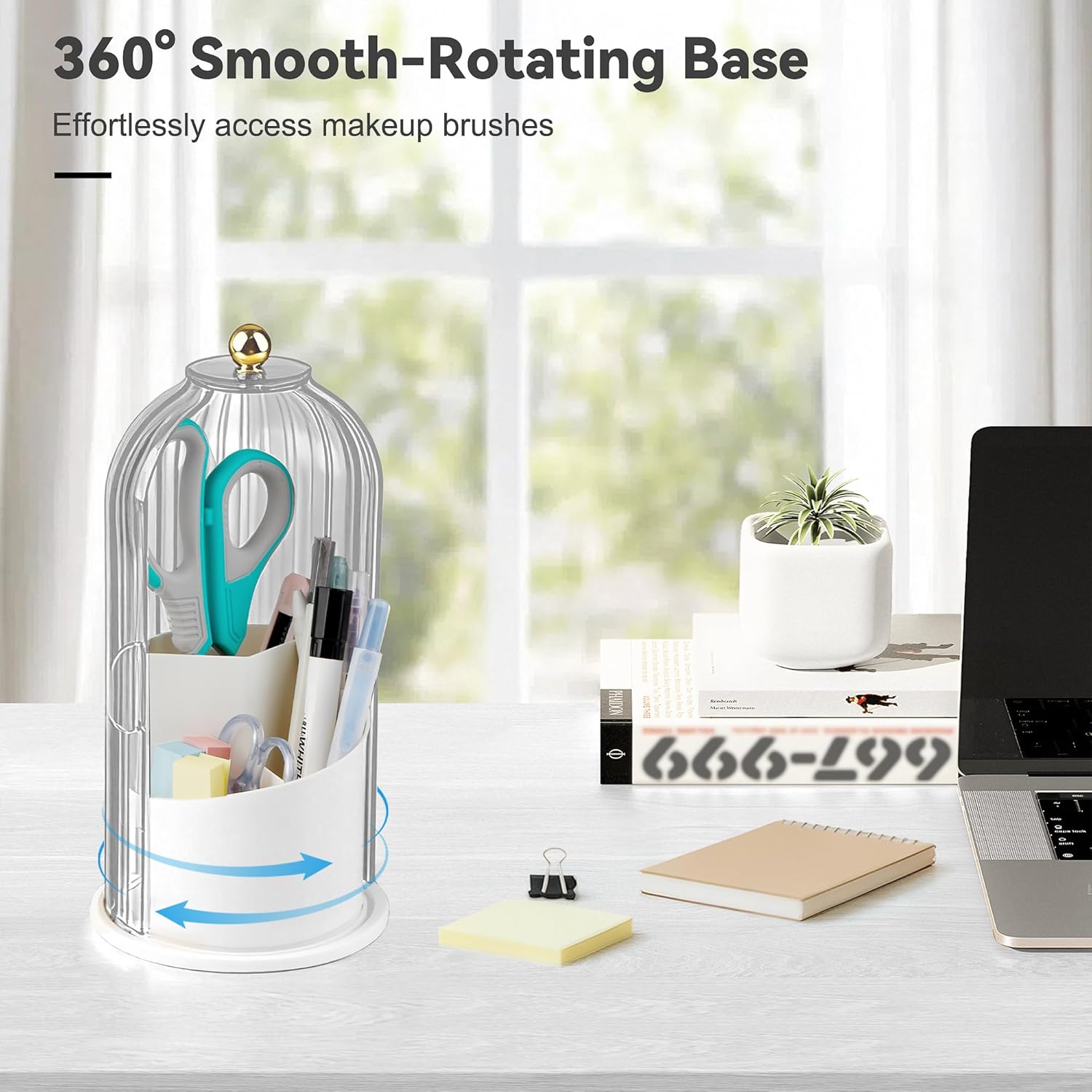 360° Rotating Makeup Brush Holder with Lid, Waterproof Three-Compartment Makeup Organizer, 180° Side-Pull Door Desk Organizer, Dustproof Brush Holder for Vanity and Bathroom (Transparent)