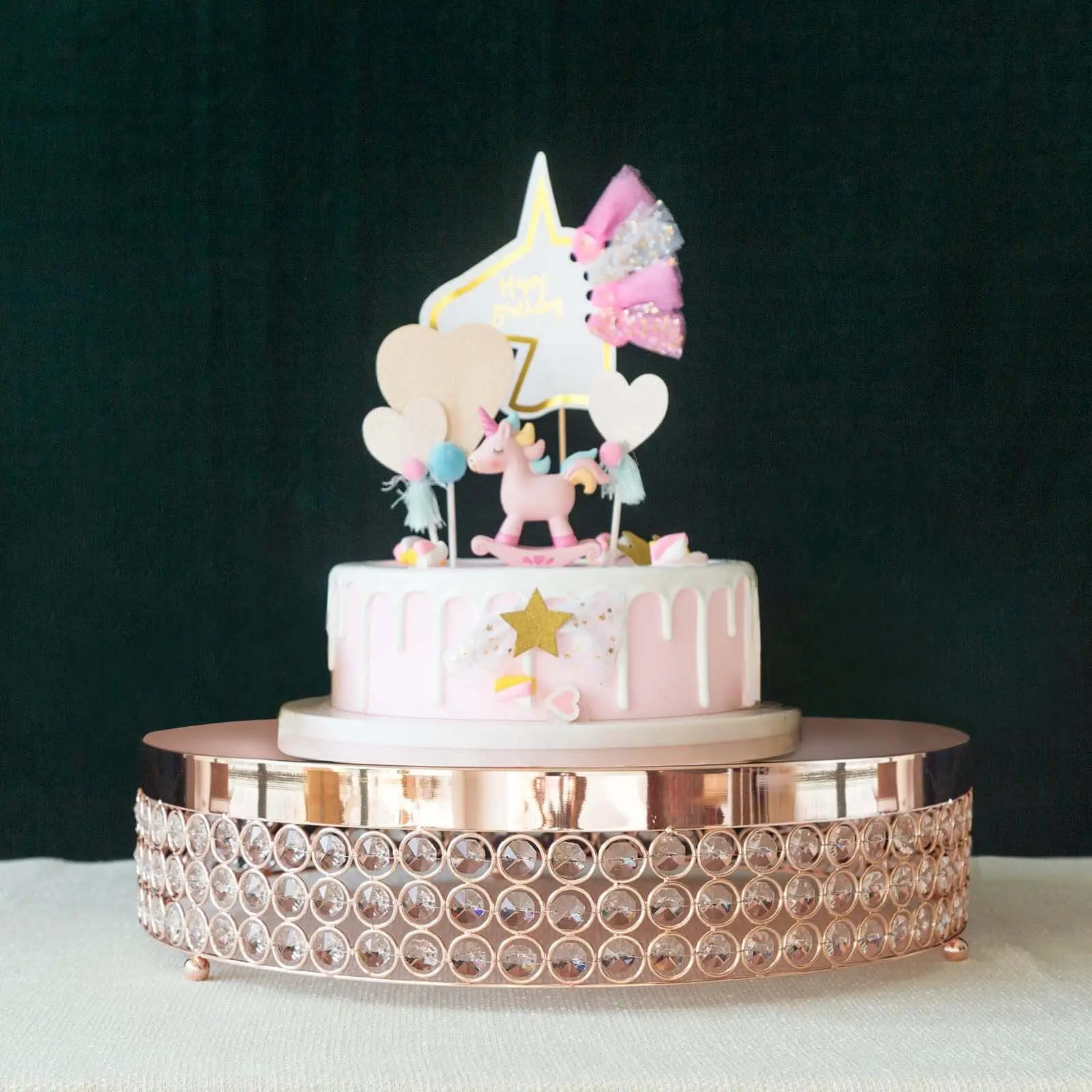 16" Rose Gold Metal Party Cake Stand Pedestal with Crystal Beads, Elegant Cake Display Holder for Indoor Table Decor, Dessert Riser, Room Decor, Birthday Cake Cupcake Stands