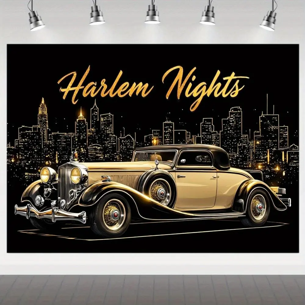 1pc Soft Durable 2D Flat Vintage 1920s Harlem Nights NYC Skyline Indoor Textile Backdrop - No Fading Risk, Vintage Glam, Old Cars, Golden Lettering, Extra Large, for Photography, Photo Booth