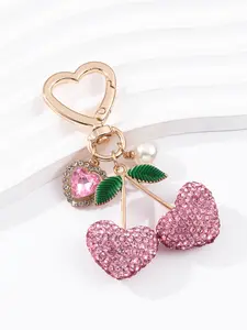 Full Diamond Cherry Heart Pearl Alloy Keychain, Sweet Trendy Water Drill Bag Charm, Memorial Gift for Friends and Family, Heart Keychains