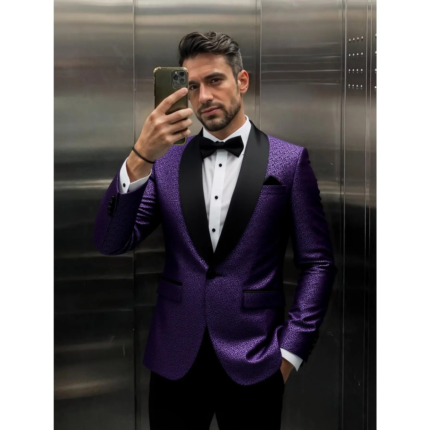 Men's Suit 2 Piece Shawl Lapel Tuxedo Set - Jacquard Dinner Jacket & Black Pants for Wedding, Prom, Gala