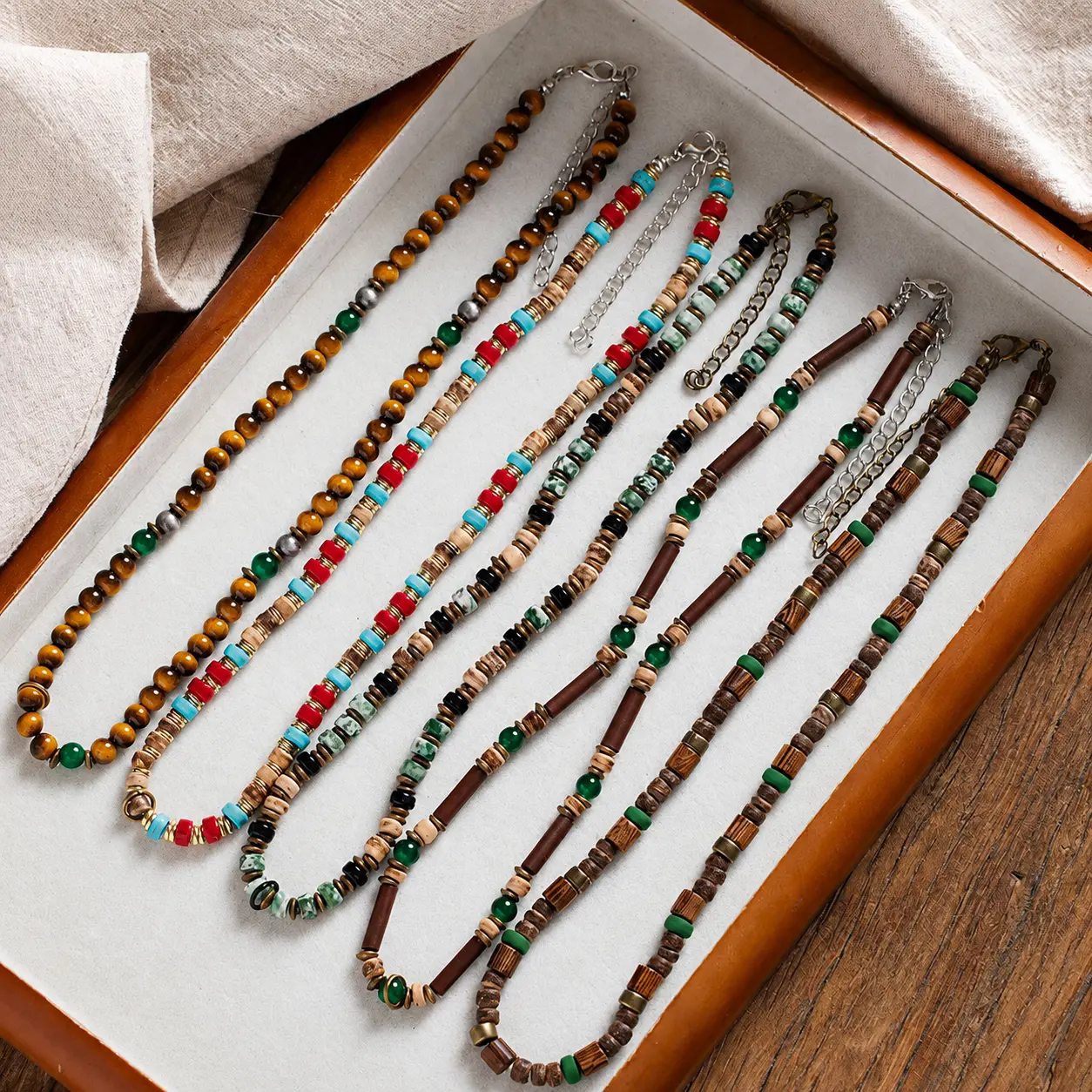 Natural Wood & Gemstone Beaded Necklace with Extender Chain, Boho Summer Vacation Strand Jewelry, Unisex Everyday Stackable Accessory, Thoughtful Birthday Gift for Men, Women & Friends
