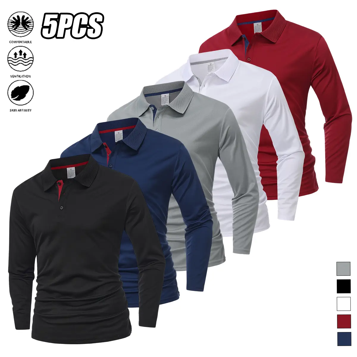 Men’s casual long-sleeve quick-dry polo shirt suitable for golf and tennis; comfortable cycling apparel with a stylish color-block design at the collar and cuffs—a great gift for him.