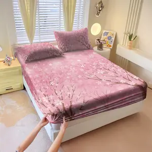 Cherry blossom pattern soft bed sheet, elastic corner, bedsheet, Sheet Set, suitable for home, bedroom, hotel, dormitory, school use, all season universal mattress protective cover