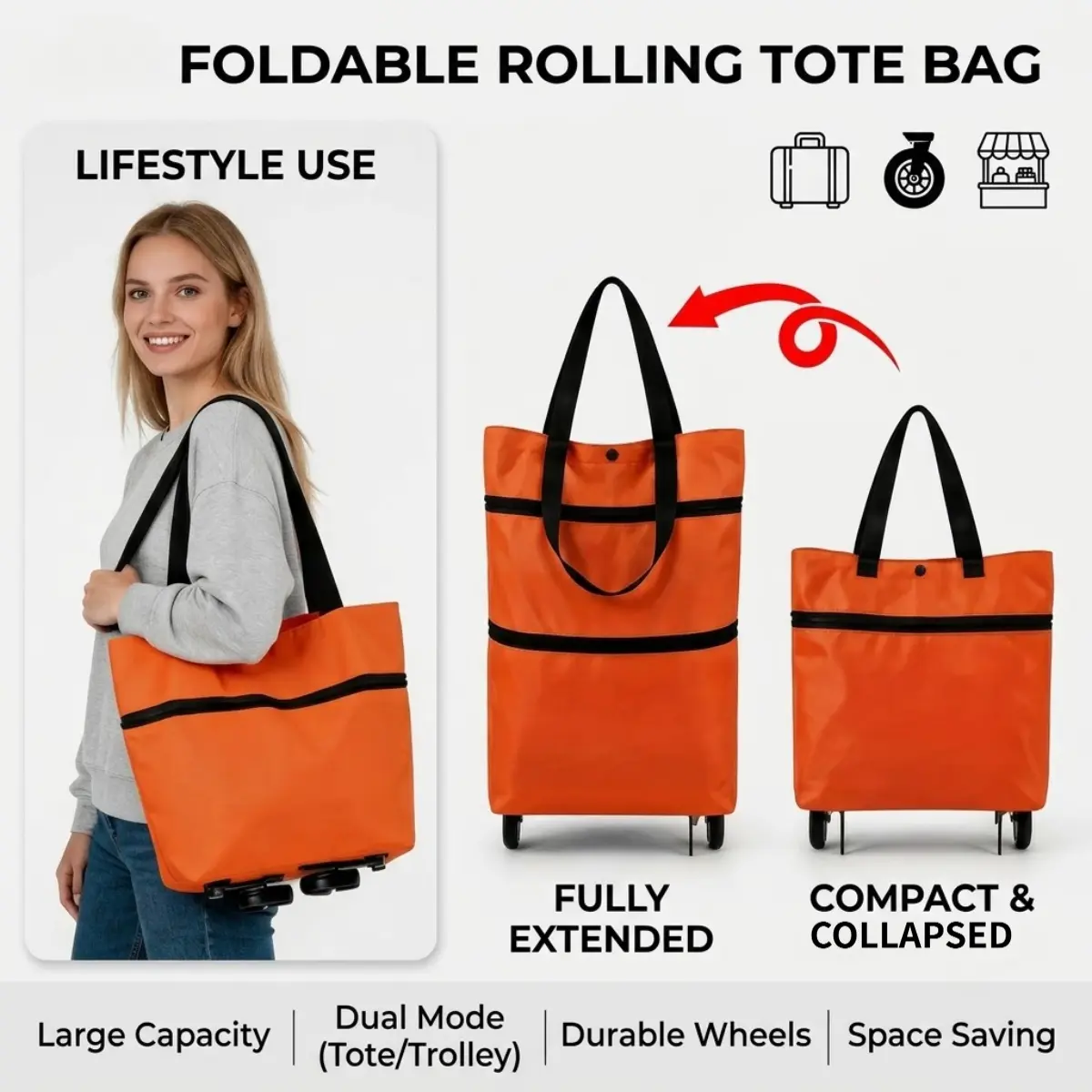 Wheeled Folding Reusable Shopping Tote - 2-in-1 Utility Cart for Grocery Trips & Travel, Large Capacity Bag (Sports & Outdoor Camping Hiking Picnicware)