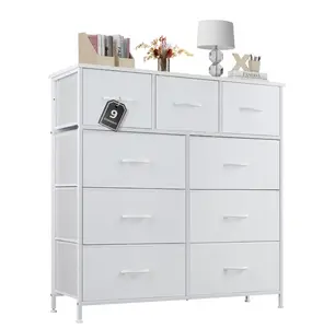 9-Drawer Dresser with Wooden Top, Adjustable Feet, Sturdy Metal Frame Dressers for Bedroom, Living Room, White