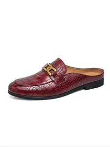 Men's Wine Crocodile Pattern Leather Slip-On Loafers, Casual PU Material, Soft Rubber Sole, Breathable Anti-Slip, Business & Commute Shoes