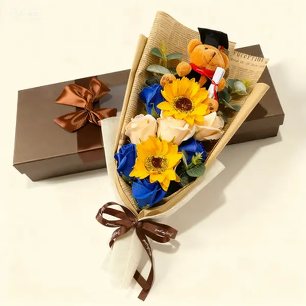 13x4.2in Scented Soap Flower Bouquet Gift Box - Plushies Graduate Teddy Bear with Grad Cap, Bows, Satin-Wrapped Arrangement, Ceremony Souvenir, Party Favor, Photo Prop