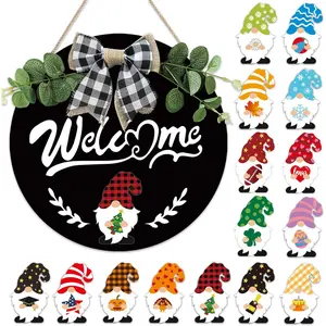 Interchangeable Welcome Sign for Front Door - 12 Inches Seasonal Gnome Decor - Wooden 4th of july Decorations for Home Classroom - Summer Wreath House Warming Gifts New Home