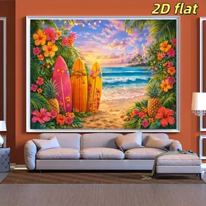 2D Flat 1PC Polyester Hawaii Sunset Beach Surfboard Backdrop Banner, Tropical Hibiscus Pineapple Palm String Lights Photography Background, Indoor Outdoor Use, Ideal For Summer Luau Party, Coastal Vacation Gathering, Surf Theme Event,