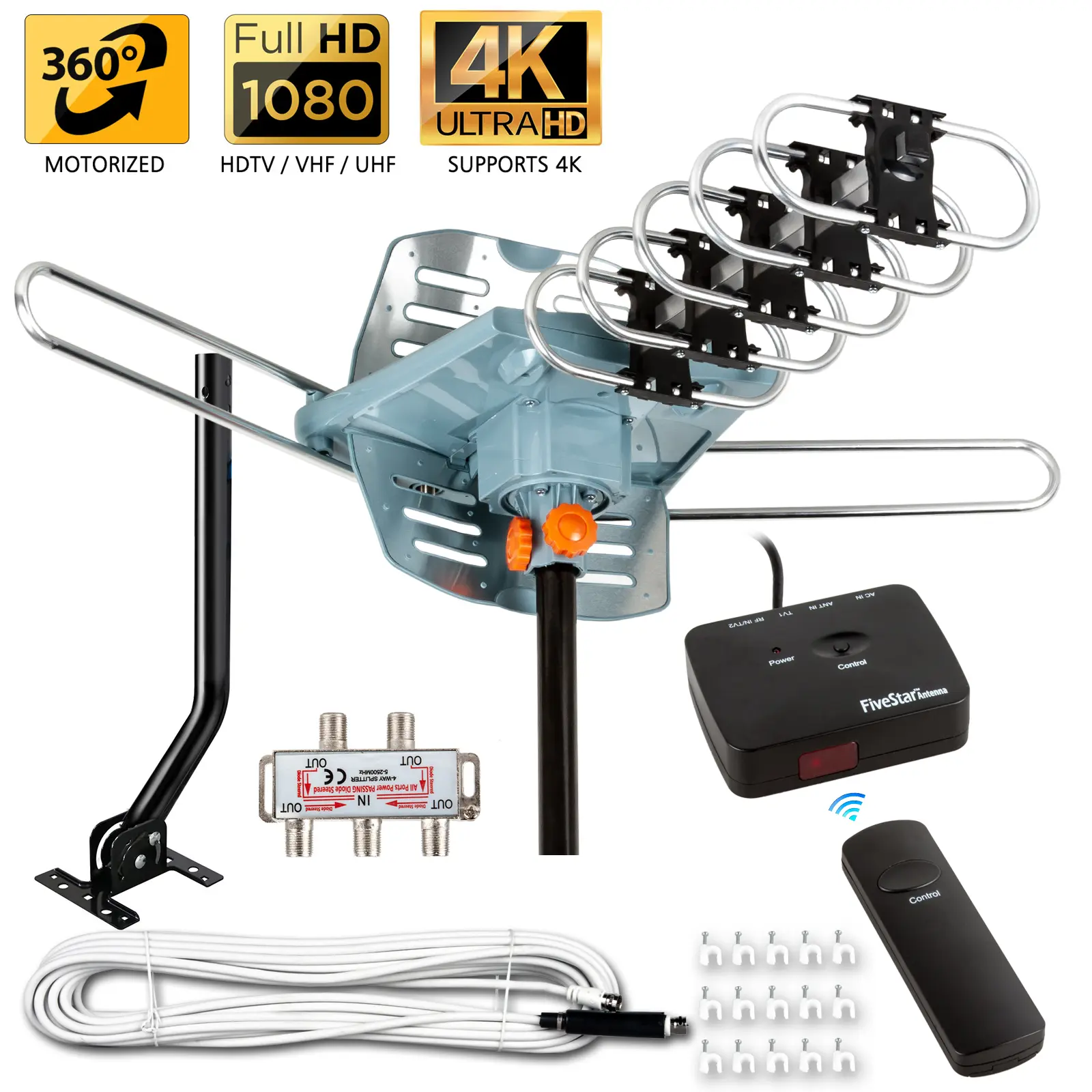 Five Star Motorized Outdoor TV Antenna 360° Rotation, 4K/1080P, 150 Mile Range, UHF/VHF/FM + Remote, 40 FT RG6 Cable for 2-5 TVs