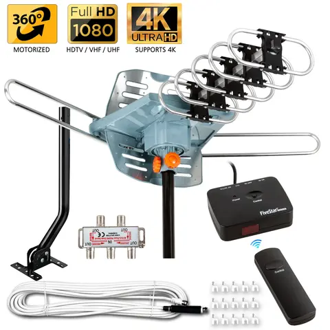 Five Star Motorized Outdoor TV Antenna 360° Rotation, 4K/1080P, 150 Mile Range, UHF/VHF/FM + Remote, 40 FT RG6 Cable for 2-5 TVs, Accessories, Splitter
