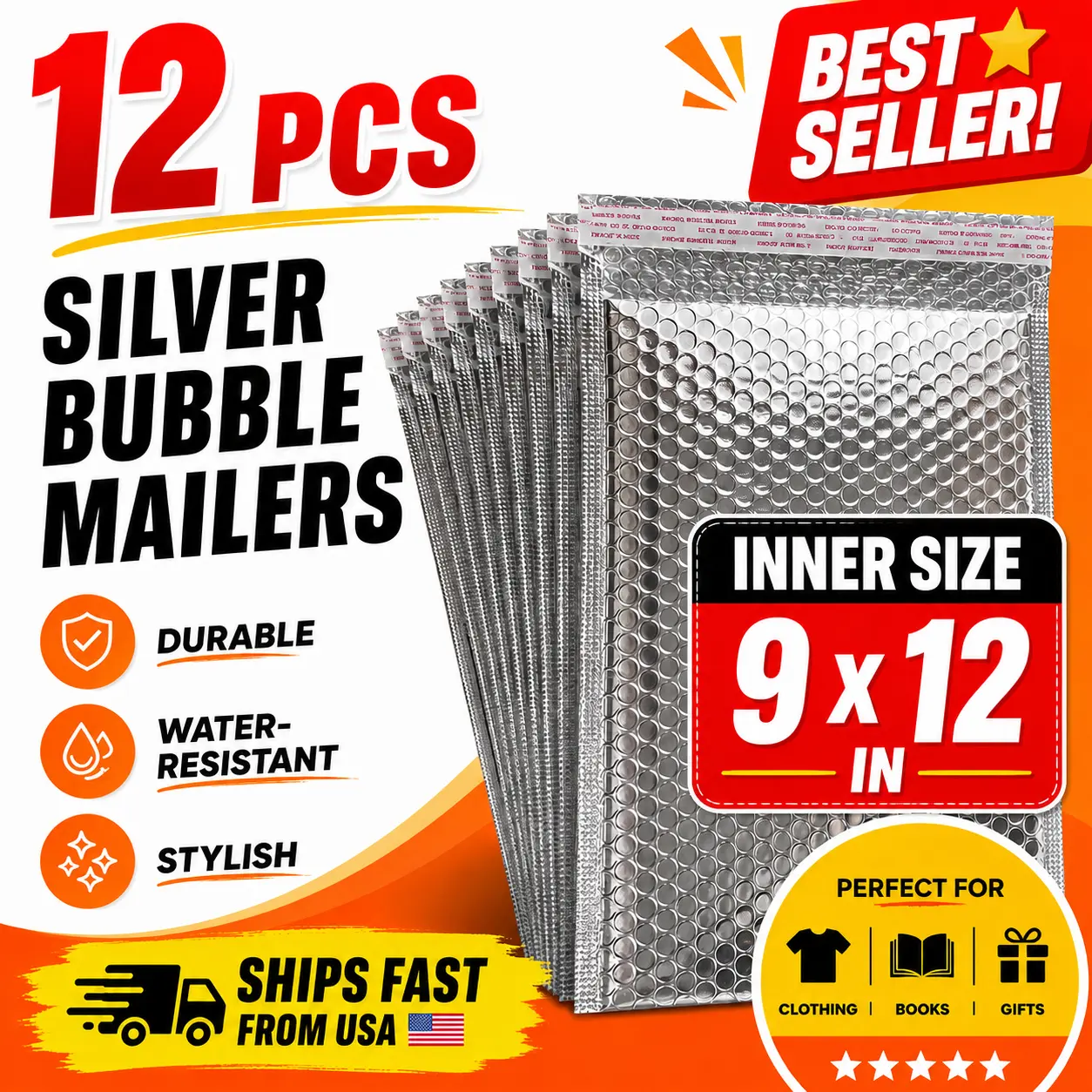 12-Pack Silver Bubble Mailers, 9 x 12 Inch Usable Inner Size, Self-Seal Padded Shipping Envelopes, Water-Resistant Metallic Mailing Bags for Clothing, Books, Documents & Gifts