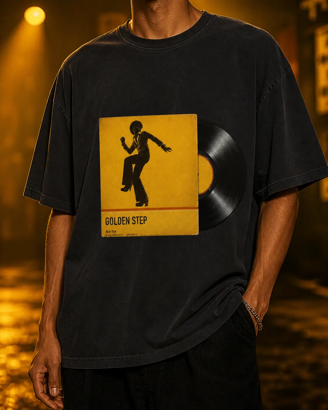 EMBERMILE Men's Golden Step Vinyl Record Graphic T-Shirt, 100% Cotton Vintage Washed Tee, Relaxed Fit Crew Neck Short Sleeve