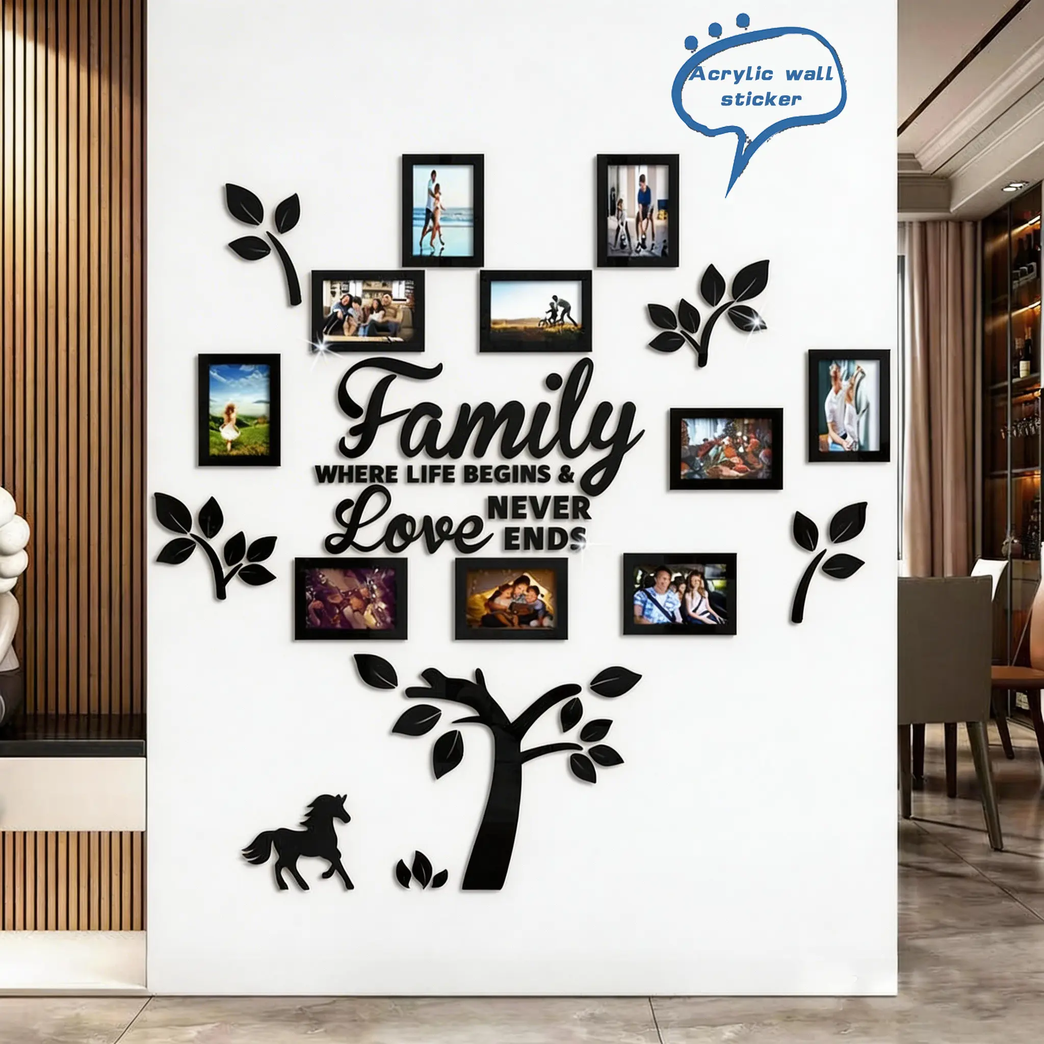 3D Acrylic Photo Frame Mirror Adhesive Stickers - 11 Tree-Shape 10x6 in Family Love Frames, Removable Self Adhesive DIY Home Decor Horse Tree Decal for Memory Wall, Self Adhesive Stickers