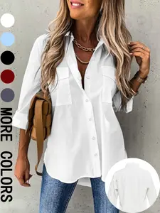 Women's Plain Pocket Button Front Shirt,Casual Drop Shoulder Long Sleeve Blouse Top for Spring & Fall, Ladies Clothes for Daily Wear