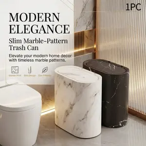 Modern Slim Marble-Pattern Trash Can with Lid, Elegant Narrow Waste Bin for Bathroom, Kitchen & Living Room, Eco-Friendly, Space-Saving Design