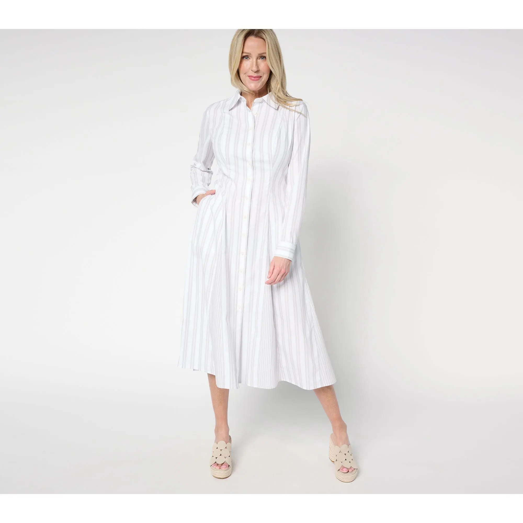 Attitudes by Renee Petite Poplin Godet Button Front Midi Dress