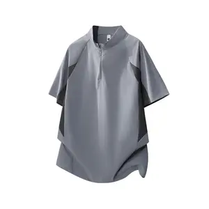 Men's New Chinese Stand Collar Half Zip Short Sleeve T-Shirt Lightweight Wrinkle Resistant Outdoor Fabric Asymmetric Color Block Splicing Loose Drop Shoulder Raglan Sleeve Breathable Quick Dry Casual Mountain Half Zip Polo Top  MX1560