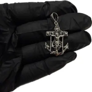 Rhodium Plated 925 Sterling Silver Anchor Crucifix Nautical 20mm x 28mm Pendant