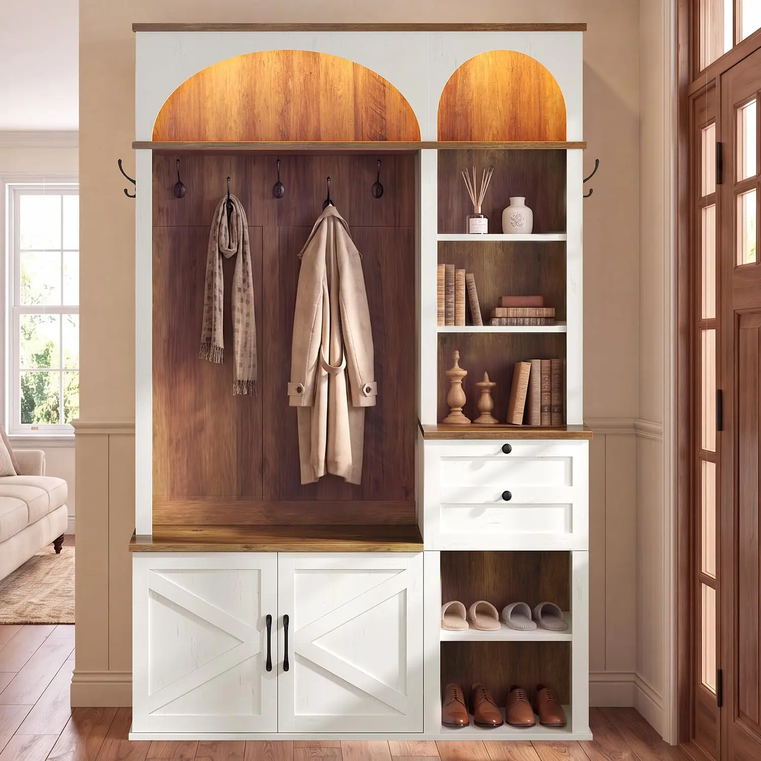 HAUOMS Hall Tree with Bench and Shoe Storage | Farmhouse Entryway Organizer with LED Light, 7 Coat Hooks, Adjustable Shelves, Drawers and Open Storage for Mudroom
