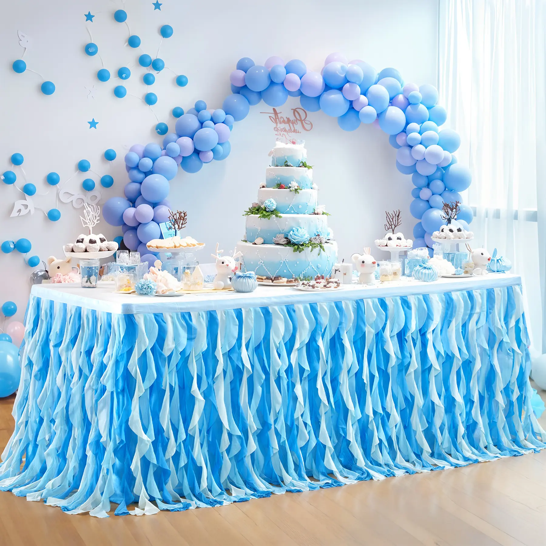 Only Covers Front of 6/9FT Table Nautical Ocean Blue Tulle Table Skirt with Curly Ruffles, Rectangle Willow Table Skirting for Under the Sea Baby Shower, Mermaid Birthday & Party Decor
