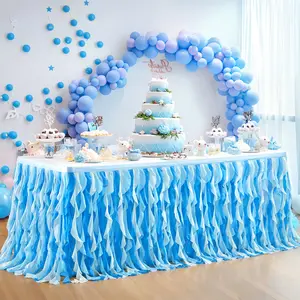 Ocean Blue Tulle Tutu Table Skirt Curly Willow Ruffle Table Skirting for Under the Sea Baby Shower Baby Shark Birthday Party Decor