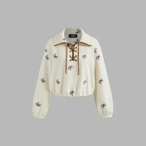 Cider [size 2-26] Fleece Collar Floral Embroidery Lace Up Oversized Sweatshirt