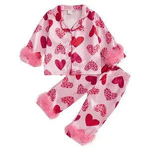 REDWOON Toddler Girl Valentines Day Satin Silk Pajamas Button Down 2 Piece Pajama Set Little Kids Girls Pjs Nightgown Outfit
