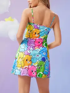 Cute Cartoon Bear Sleepwear Set, Full Body Print Design, Spaghetti Strap, Comfortable Sleeveless Top & Bottoms, Ideal for Casual Wear